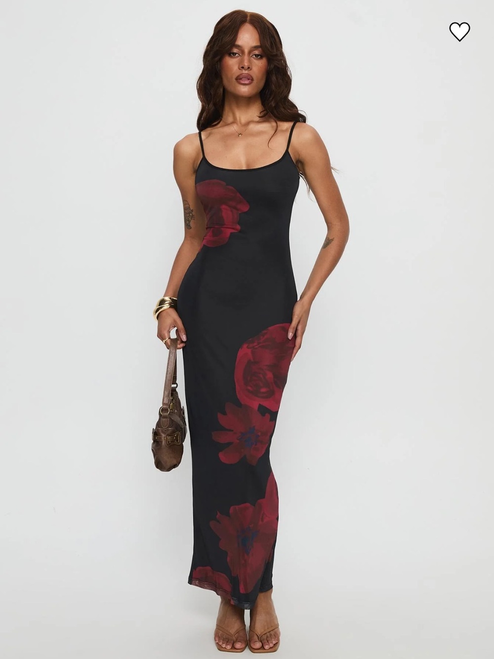 Princess Polly Black Maxi Slip Dress with Red Floral Motif